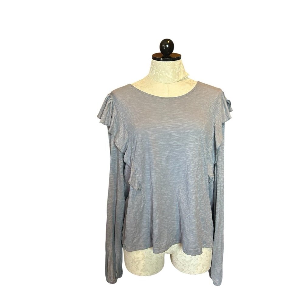 Garnet Hill‎ Reia Ruffle Shoulder Top Gray Stretch Knit Peasant Boho Sz L